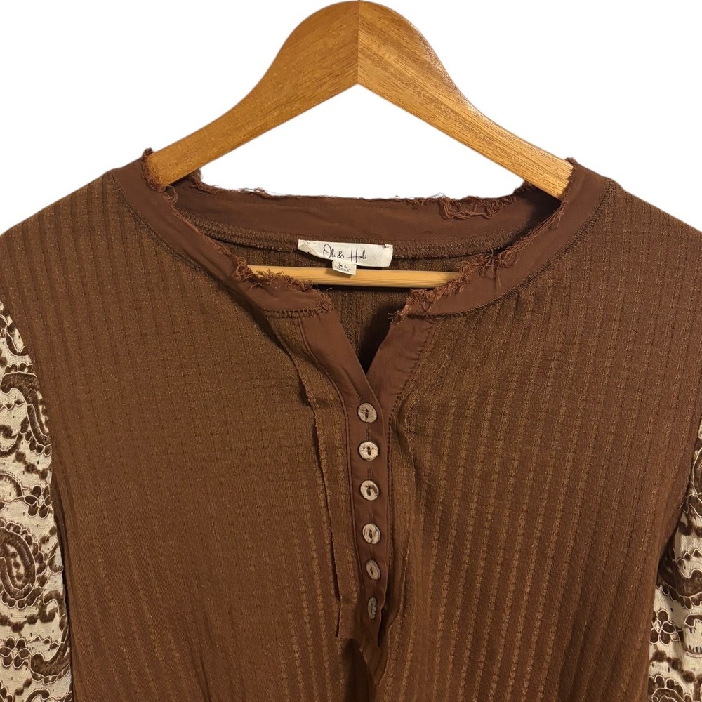 Oli & Hali Henley Top Brown Paisley Lace Sleeve Boho Western Ribbed Romantic XL - Picture 7 of 10